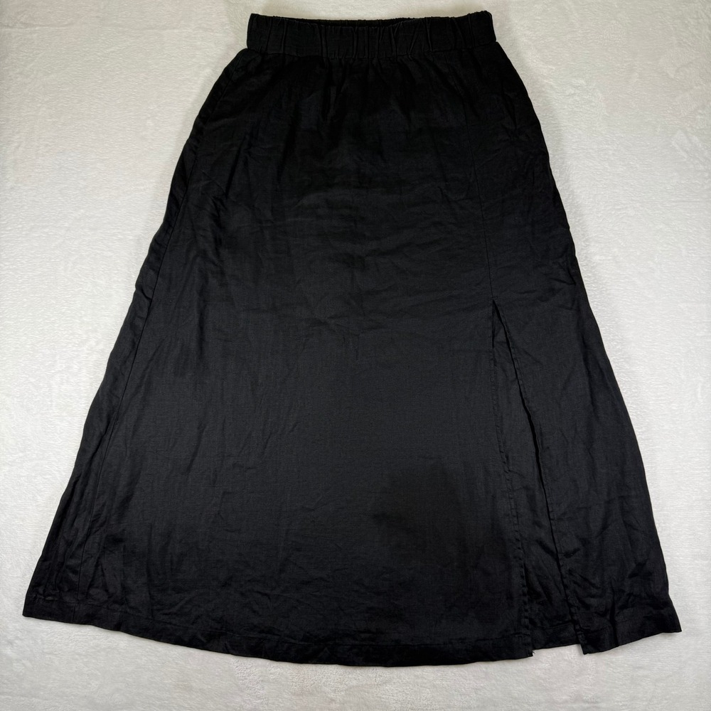 Quince 100% European Linen Maxi Skirt Black Side Slit Pockets Small MIVN004